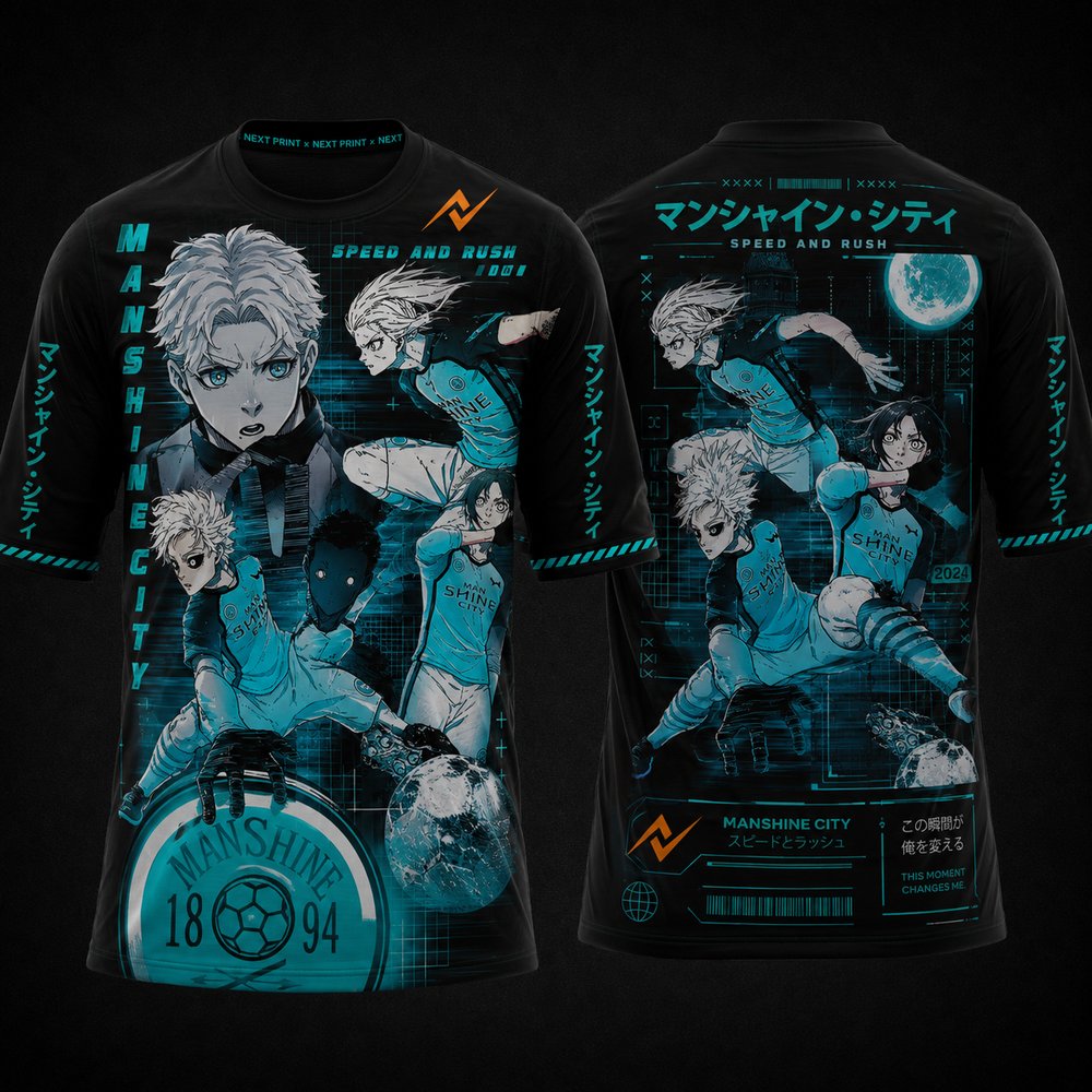 Blue Lock Manshine City anime round neck jersey with black and cyan design featuring premium sublimation print, front and back view by Next Print