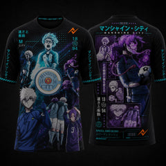 Blue Lock Manshine City anime round neck jersey featuring black, cyan, and purple cyber graphics with premium sublimation print, front and back mockup by Next Print