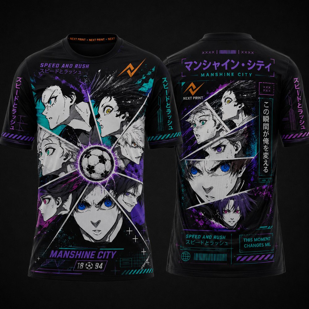 Blue Lock Manshine City anime round neck sublimation sports jersey front and back black esports t-shirt with Japanese typography and cyber graphics by Next Print