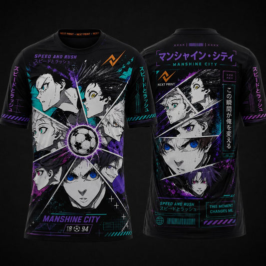 Blue Lock Manshine City anime round neck sublimation sports jersey front and back black esports t-shirt with Japanese typography and cyber graphics by Next Print
