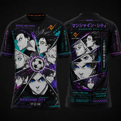 Blue Lock Manshine City anime round neck sublimation sports jersey front and back black esports t-shirt with Japanese typography and cyber graphics by Next Print