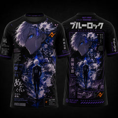 Blue Lock Nagi Seishiro anime round neck black and purple sports jersey featuring premium sublimation print, Japanese typography, cyber graphics, front and back design by Next Print