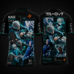 Blue Lock Nagi Seishiro collage anime round neck jersey featuring cyber blue artwork, manga panels, front and back design by Next Print