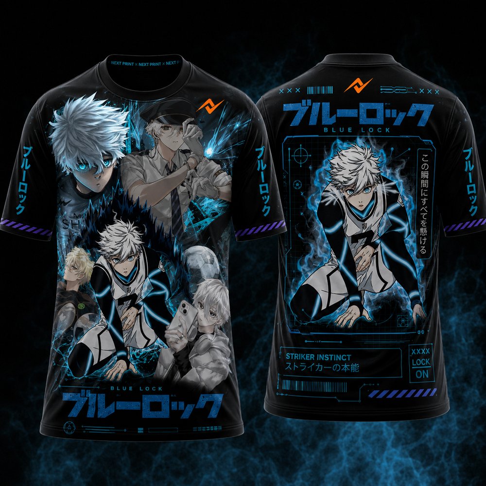Blue Lock Nagi Seishiro Cyber Instinct anime round neck sports jersey front and back mockup featuring black base, electric blue cyber graphics, Japanese typography, premium sublimation print and orange Next Print logo