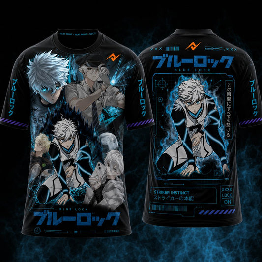 Blue Lock Nagi Seishiro Cyber Instinct anime round neck sports jersey front and back mockup featuring black base, electric blue cyber graphics, Japanese typography, premium sublimation print and orange Next Print logo