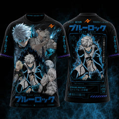 Blue Lock Nagi Seishiro Cyber Instinct anime round neck sports jersey front and back mockup featuring black base, electric blue cyber graphics, Japanese typography, premium sublimation print and orange Next Print logo