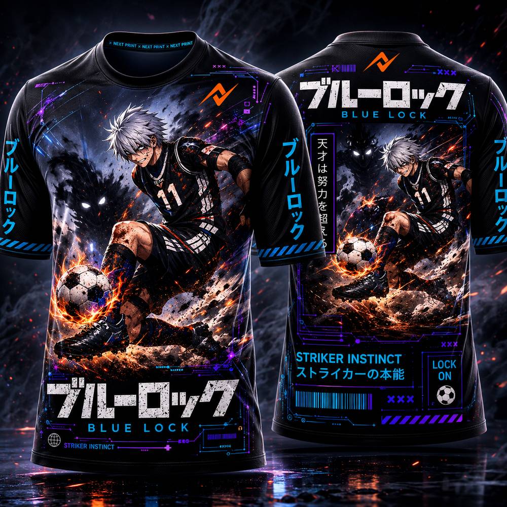 Blue Lock Nagi Seishiro Shadow Striker black anime round neck sublimation sports jersey with cyber graphics front and back by Next Print