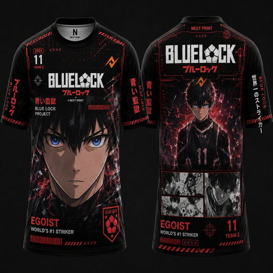 Front and back view of a Blue Lock-inspired black and red anime jersey featuring Isagi Yoichi artwork, cyber graphics, Team Z styling, and premium sublimation print