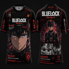 Front and back view of a Blue Lock-inspired black and red anime jersey featuring Isagi Yoichi artwork, cyber graphics, Team Z styling, and premium sublimation print