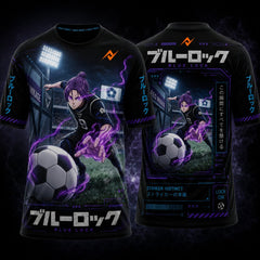 Blue Lock Reo Mikage round neck anime sublimation sports jersey featuring futuristic purple cyber graphics, Japanese typography, front and back design, premium esports apparel by Next Print