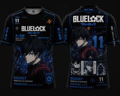 Front and back view of a Blue Lock inspired black round neck jersey with electric blue cyber graphics, Japanese typography, manga panels, and anime character artwork in a premium sublimation print