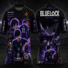 Blue Lock Rin Itoshi France Edition purple anime round neck sublimation jersey featuring futuristic manga artwork, Japanese typography, front and back mockup, purple lightning effects, and the Next Print orange logo