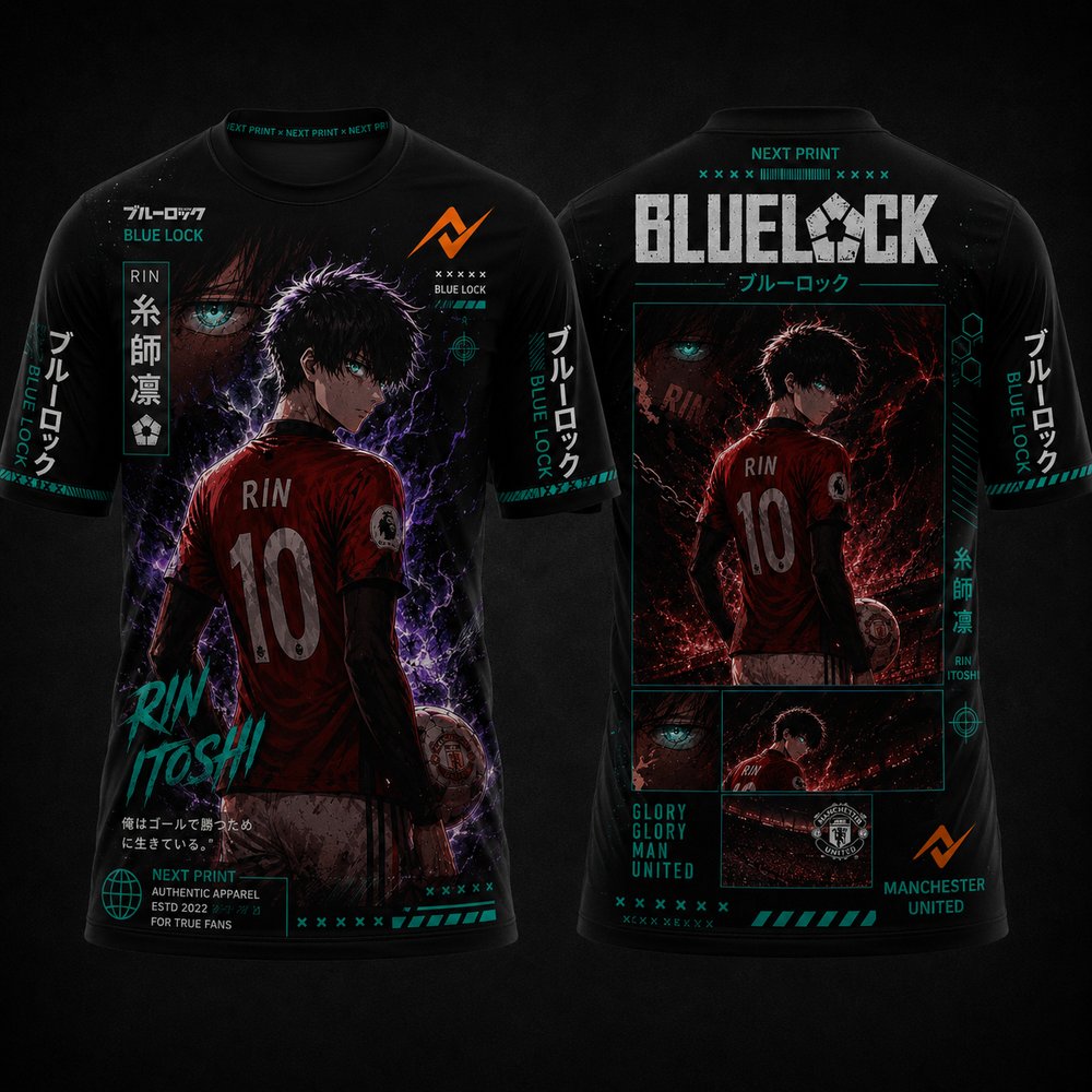 Blue Lock Rin Itoshi Manchester United anime round neck jersey front and back premium black football streetwear by Next Print