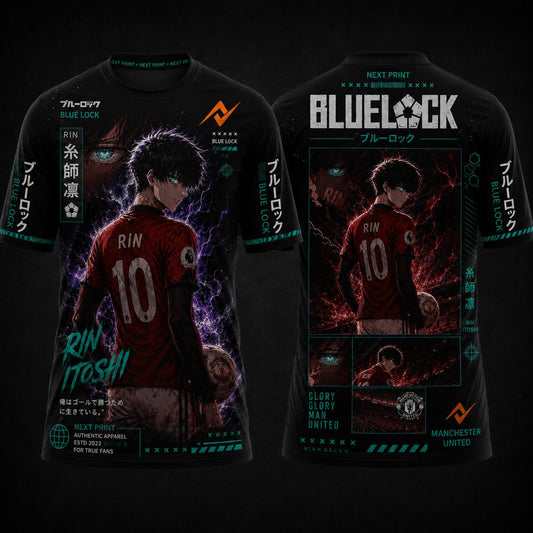 Blue Lock Rin Itoshi Manchester United anime round neck jersey front and back premium black football streetwear by Next Print