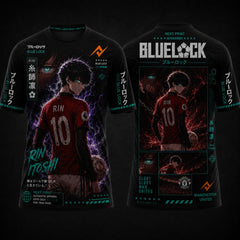 Blue Lock Rin Itoshi Manchester United anime round neck jersey front and back premium black football streetwear by Next Print