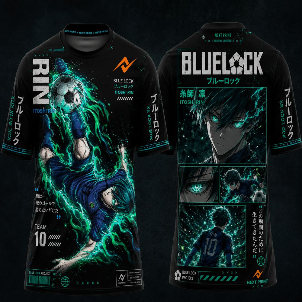 Blue Lock Rin Itoshi sky blue and green anime round neck sublimation jersey featuring front and back manga artwork with Japanese typography and cyber graphics on a premium black sports t-shirt