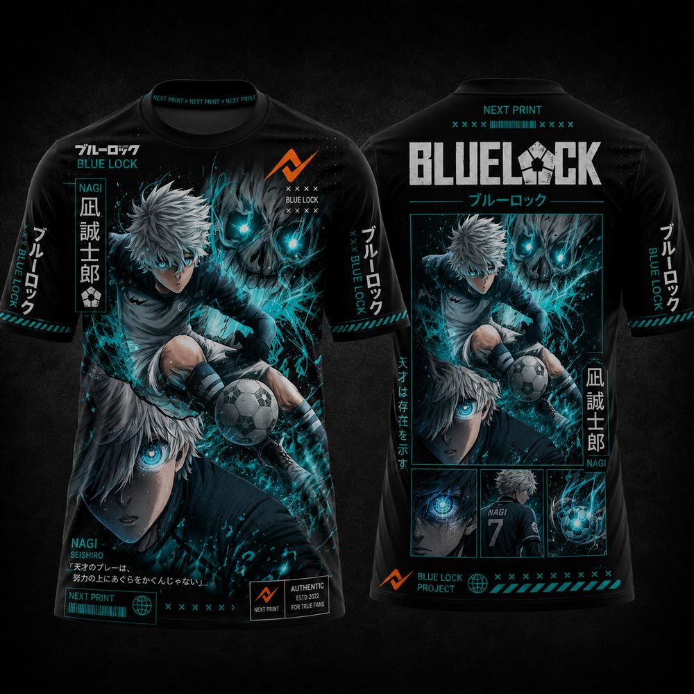 Blue Lock Seishiro Nagi Shadow Beast anime round neck jersey front and back premium black football sublimation t-shirt by Next Print
