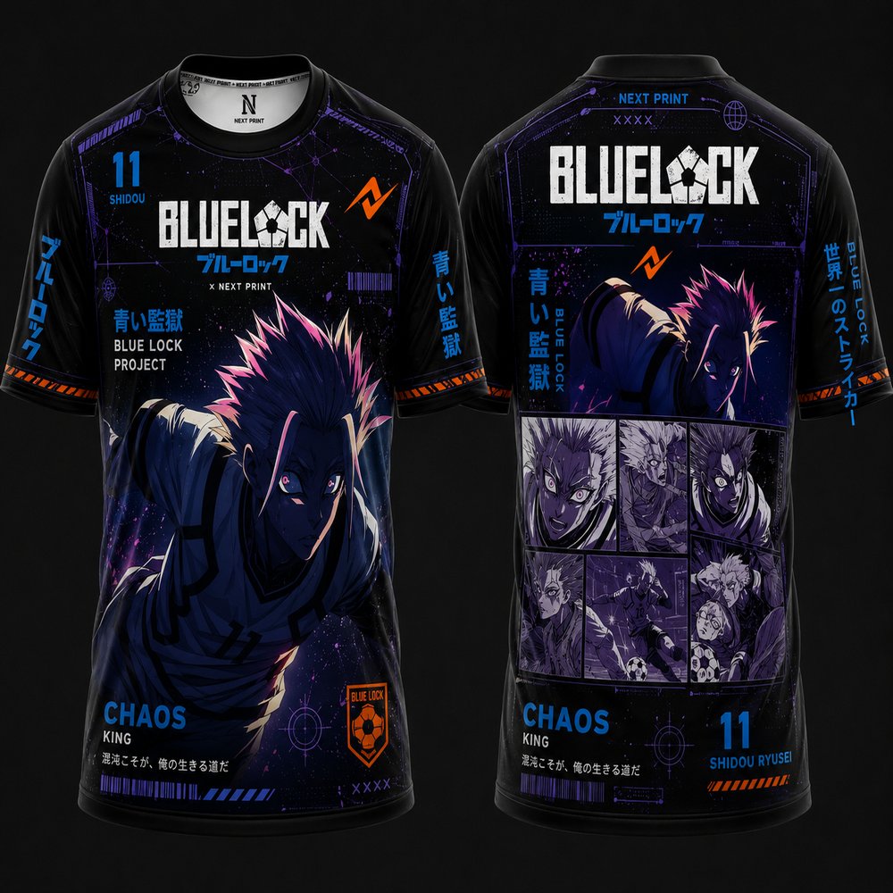 Blue Lock Shidou Ryusei Chaos King black and purple anime football jersey with front and back sublimation design, premium round neck sports T-shirt for anime fans