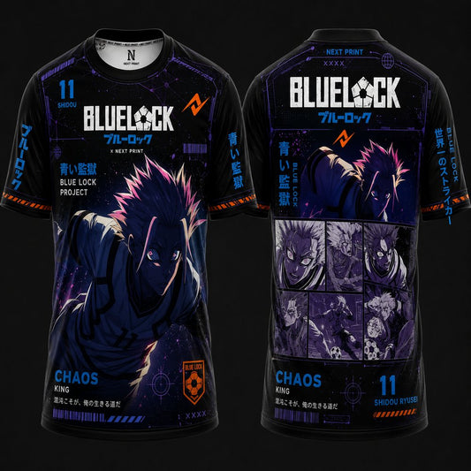 Blue Lock Shidou Ryusei Chaos King black and purple anime football jersey with front and back sublimation design, premium round neck sports T-shirt for anime fans