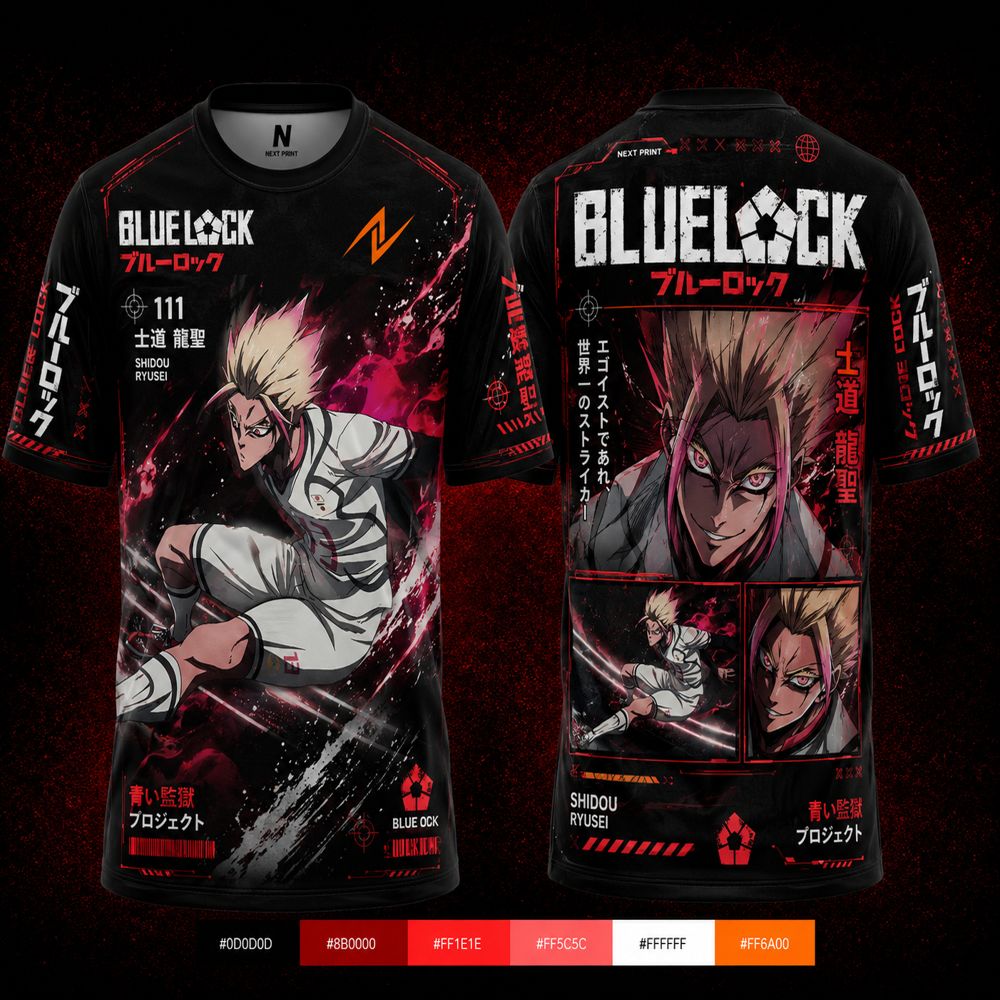 Blue Lock Shidou Ryusei Red Chaos anime football jersey with black and crimson design, premium round neck sports T-shirt featuring front and back character artwork