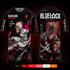 Blue Lock Shidou Ryusei Red Chaos anime football jersey with black and crimson design, premium round neck sports T-shirt featuring front and back character artwork