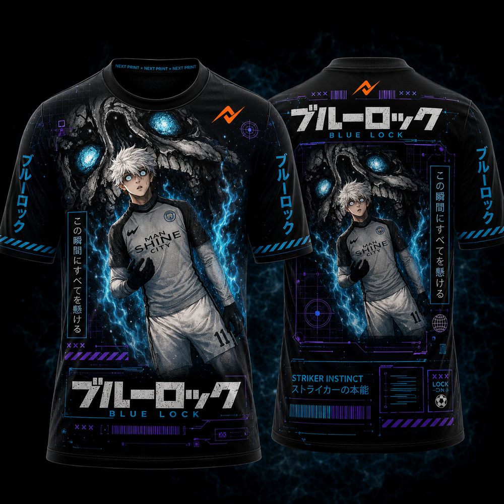 Blue Lock Skull Instinct anime round neck sublimation sports jersey featuring white-haired striker artwork with glowing blue skull, Japanese typography, front and back design by Next Print