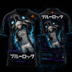 Blue Lock Skull Instinct anime round neck sublimation sports jersey featuring white-haired striker artwork with glowing blue skull, Japanese typography, front and back design by Next Print