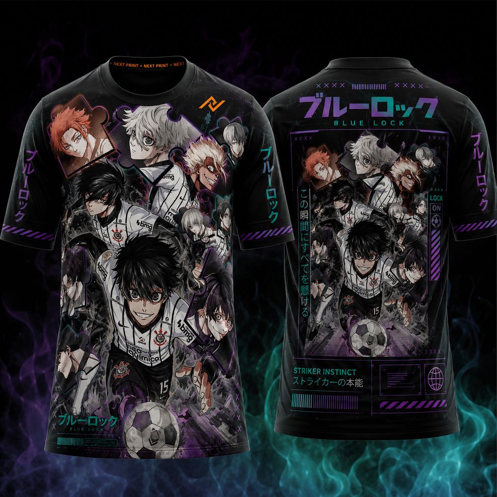 Blue Lock Striker Instinct anime round neck black sublimation sports jersey front and back with Japanese typography, cyber graphics, and premium esports design by Next Print