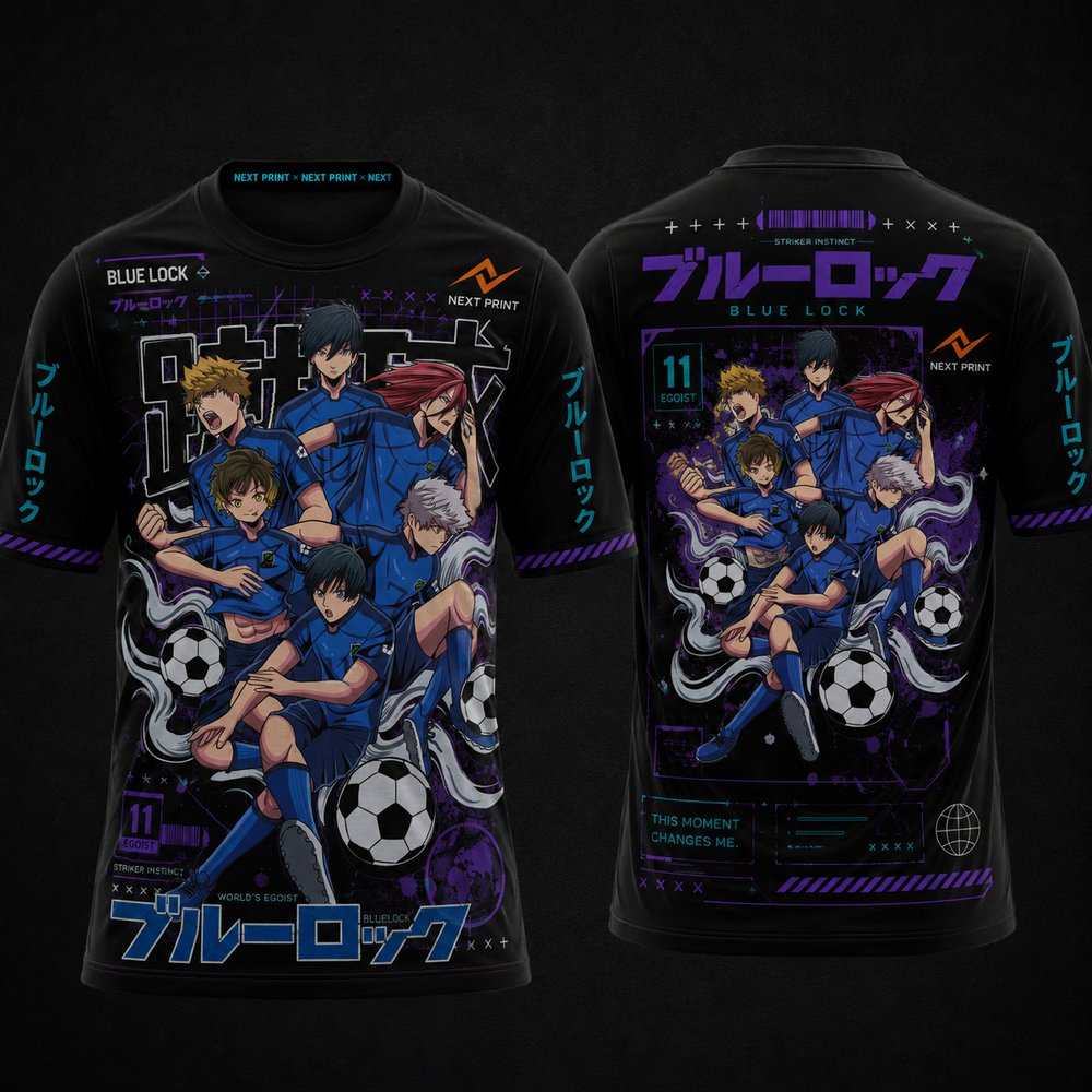 Blue Lock Team anime round neck black sublimation sports jersey front and back with Japanese typography, cyber graphics, and premium esports design by Next Print
