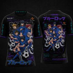 Blue Lock Team anime round neck black sublimation sports jersey front and back with Japanese typography, cyber graphics, and premium esports design by Next Print