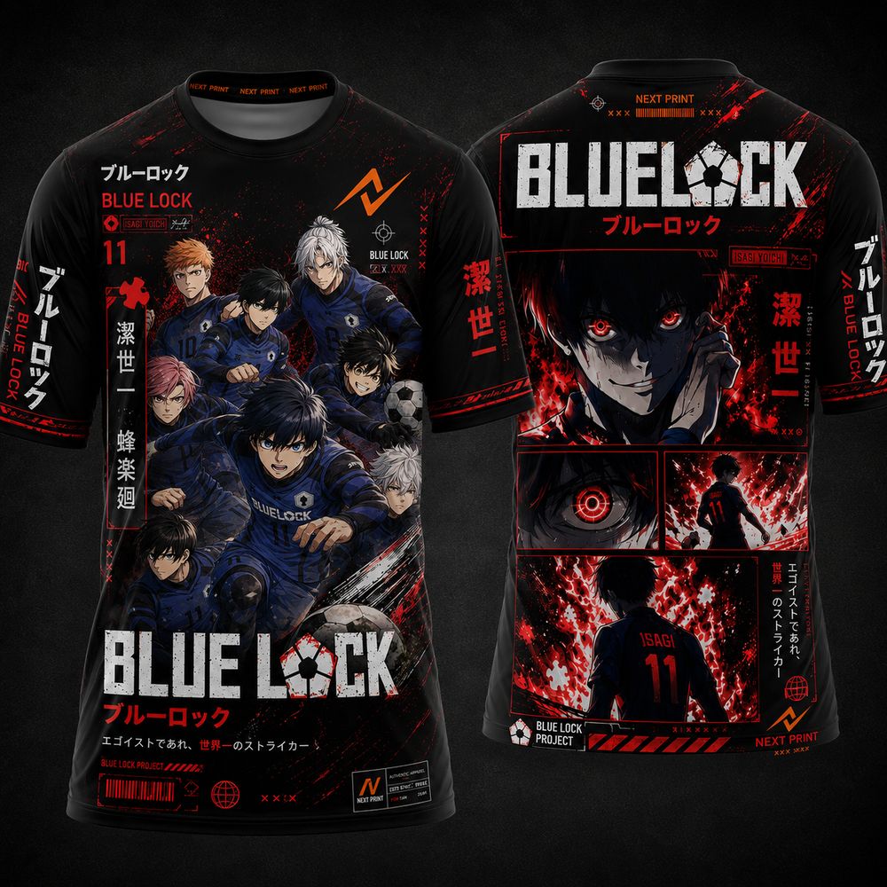 Blue Lock team black and red anime esports round neck sublimation jersey featuring Isagi Yoichi, futuristic manga artwork, Japanese typography, front and back mockup with Next Print orange logo