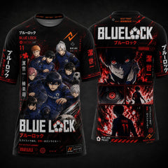 Blue Lock team black and red anime esports round neck sublimation jersey featuring Isagi Yoichi, futuristic manga artwork, Japanese typography, front and back mockup with Next Print orange logo