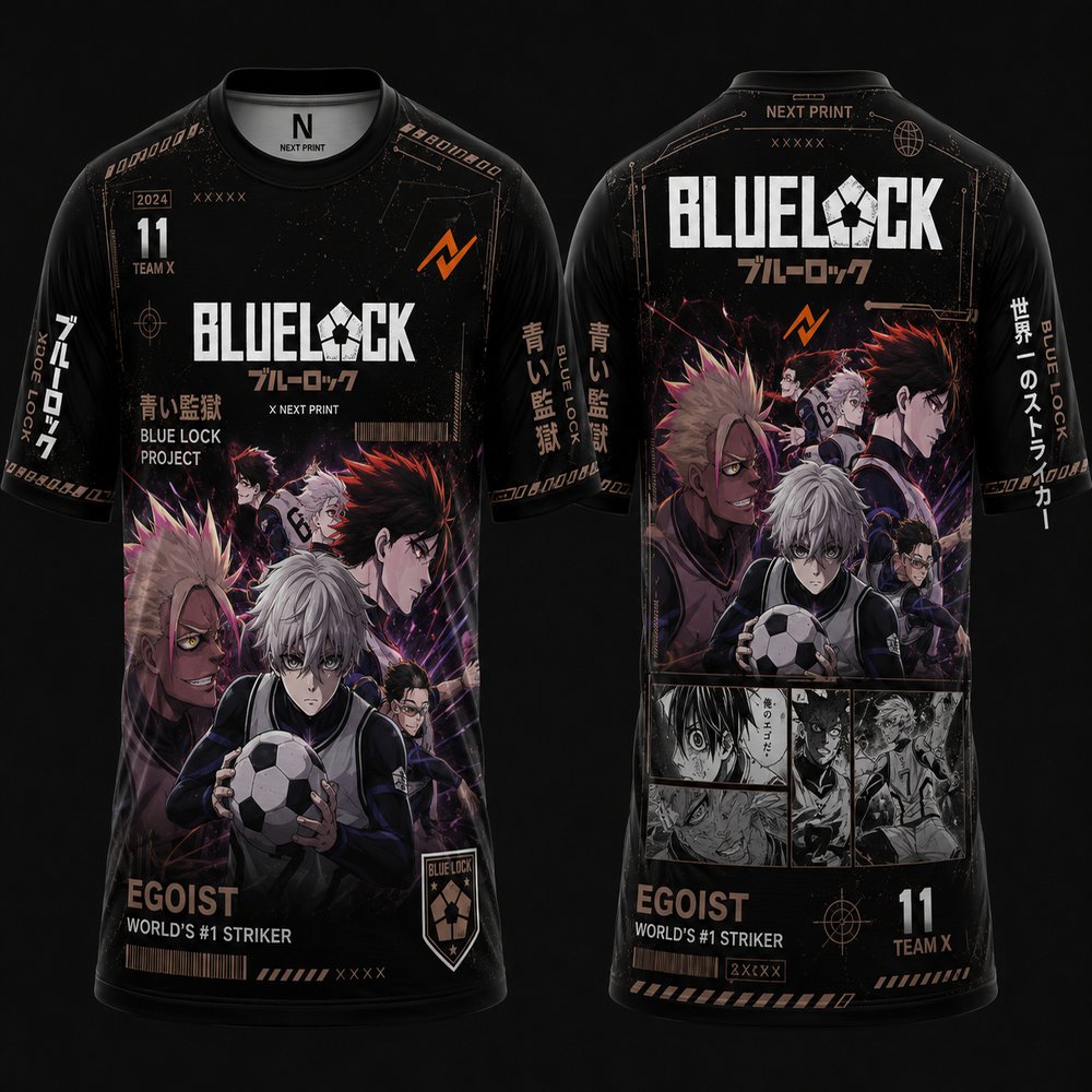 Front and back view of a Blue Lock Team X anime football jersey in black with premium sublimation graphics, round neck design, and multi-character artwork for anime fans