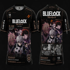 Front and back view of a Blue Lock Team X anime football jersey in black with premium sublimation graphics, round neck design, and multi-character artwork for anime fans