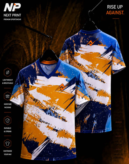 Blue orange and white abstract brush stroke V-neck sublimation sports jersey front and back by Next Print