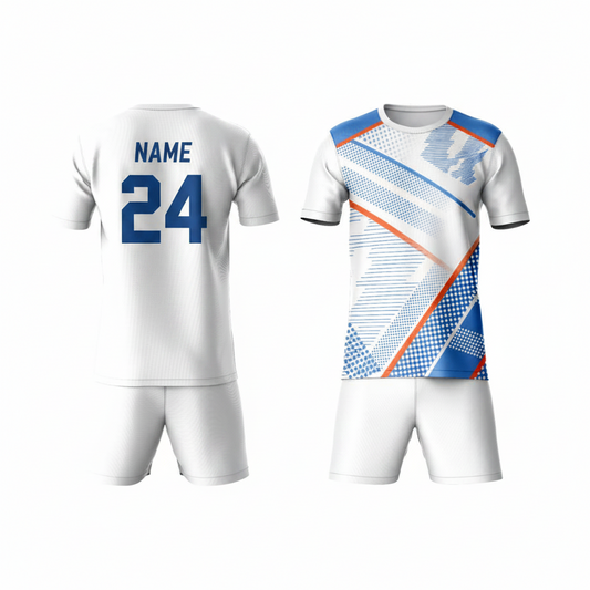 Blue orange geometric pattern activewear t-shirt with white shorts back view