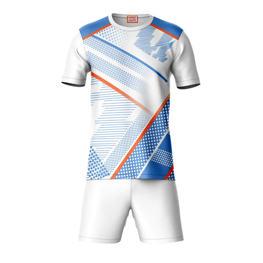 Blue orange geometric pattern sports t-shirt with white shorts co-ord set front view