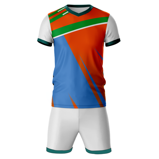 Blue orange pattern sports jersey with white shorts front view