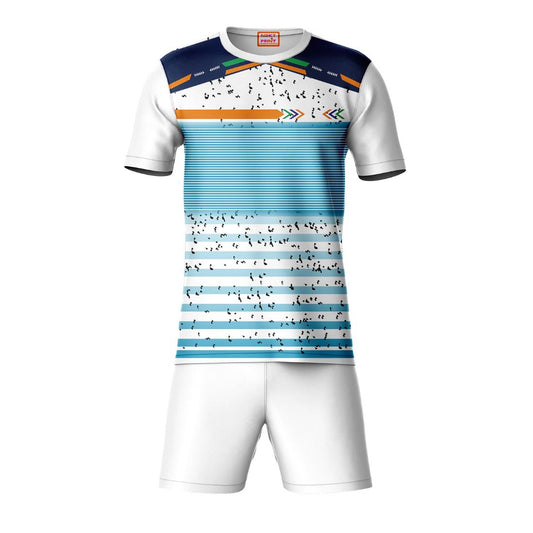 Blue orange pattern sports t-shirt with white shorts coord set front view for men