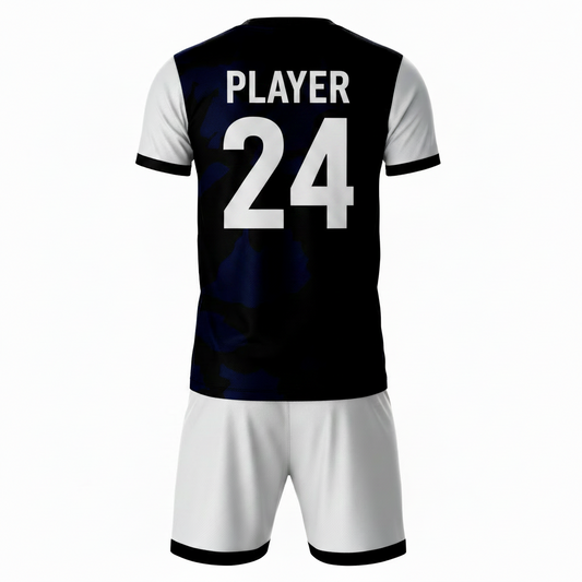 Blue pattern sports jersey with white shorts back view