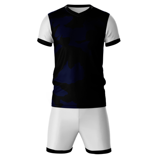 Blue pattern sports jersey with white shorts front view