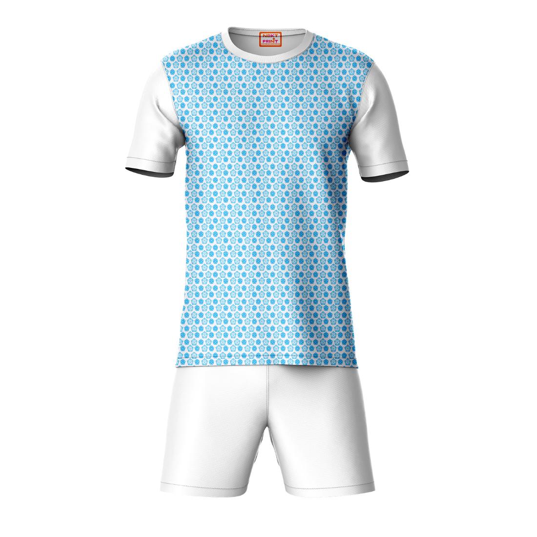 Blue pattern sports t-shirt with white shorts coord set front view for men