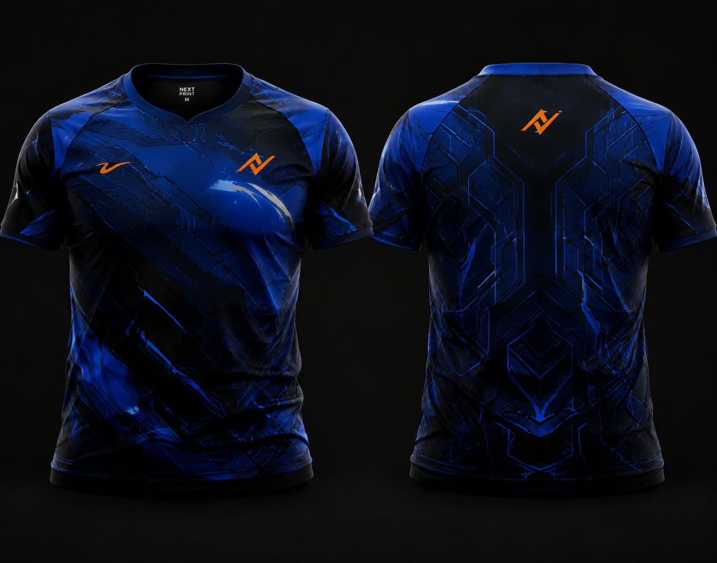 Front and back view of Blue Phantom premium esports jersey featuring electric blue and black cyber graphics, round neck collar, and professional gaming apparel styling.