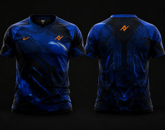 Front and back view of Blue Phantom premium esports jersey featuring electric blue and black cyber graphics, round neck collar, and professional gaming apparel styling.