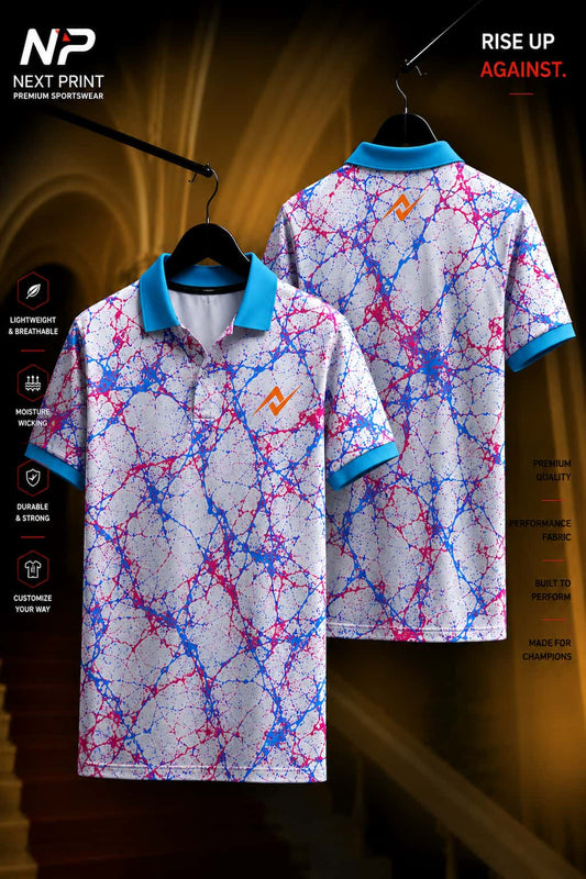 White polo sports jersey featuring blue and pink marble splash graphics with front and back views made from premium dry-fit performance fabric.