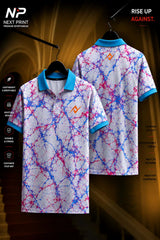 White polo sports jersey featuring blue and pink marble splash graphics with front and back views made from premium dry-fit performance fabric.