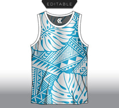 Blue Polynesian Tribal Pattern with Monstera Leaves Sublimation Design