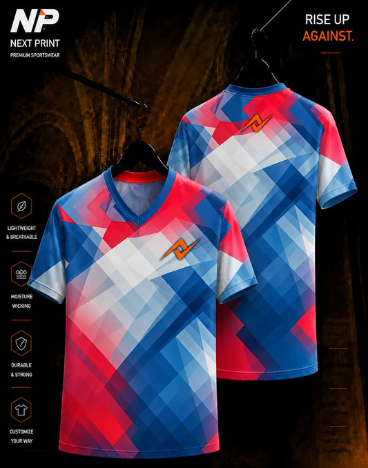Blue red and white geometric sublimation V-neck sports jersey front and back by Next Print
