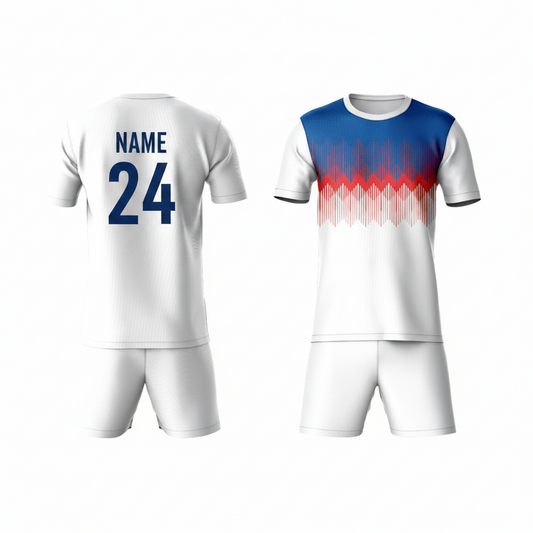 Blue red pattern athletic sports t-shirt with white shorts back side view