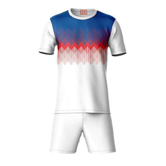 Blue red pattern sports t-shirt with white shorts coord set front view for men